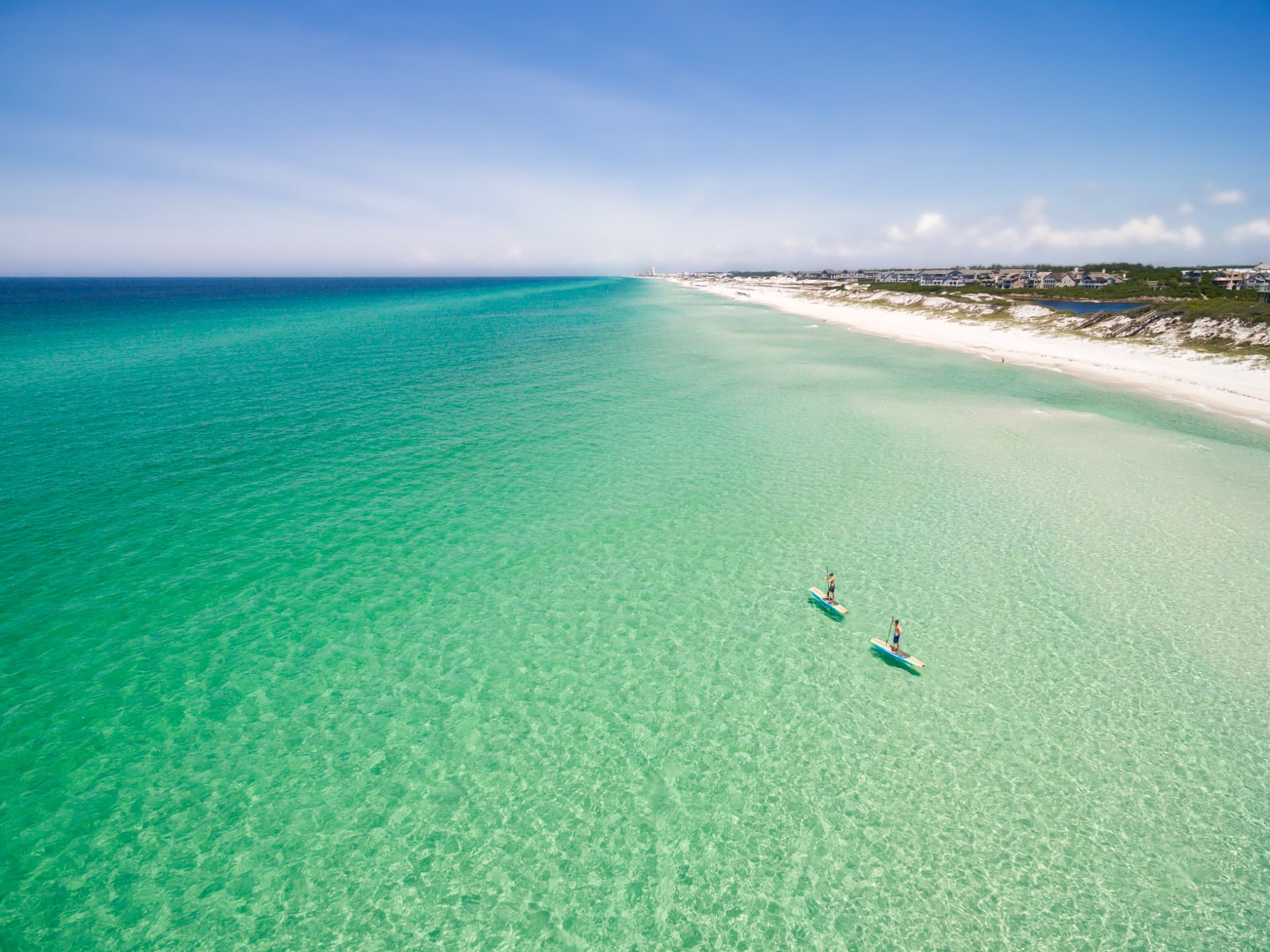 Aerial view of paddleboarders on clear emerald Gulf water off the white sand of Destin, Florida