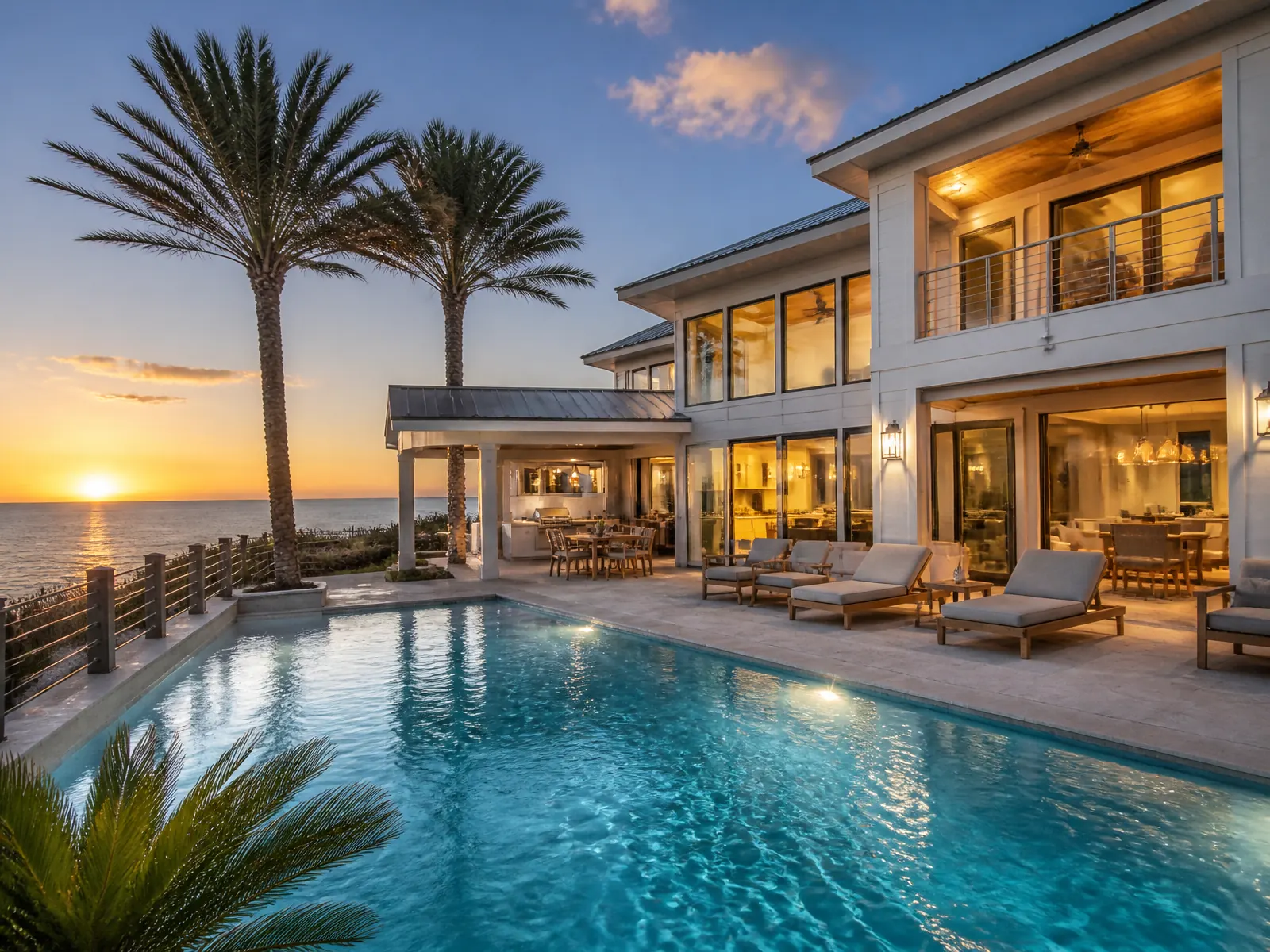 Waterfront vacation home with an infinity pool and palm trees at sunset