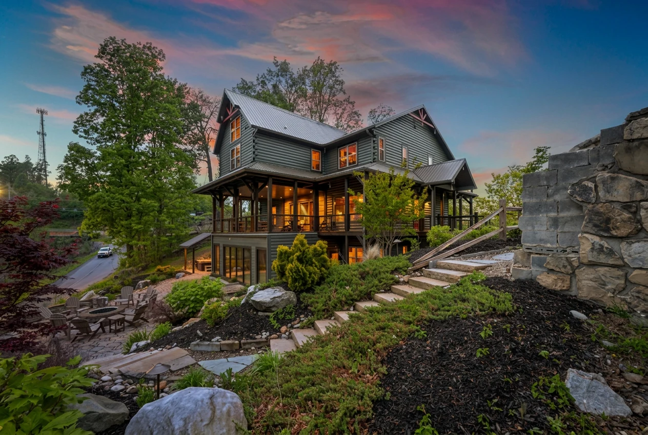 A timber mountain home lit at dusk, cared for between guest stays